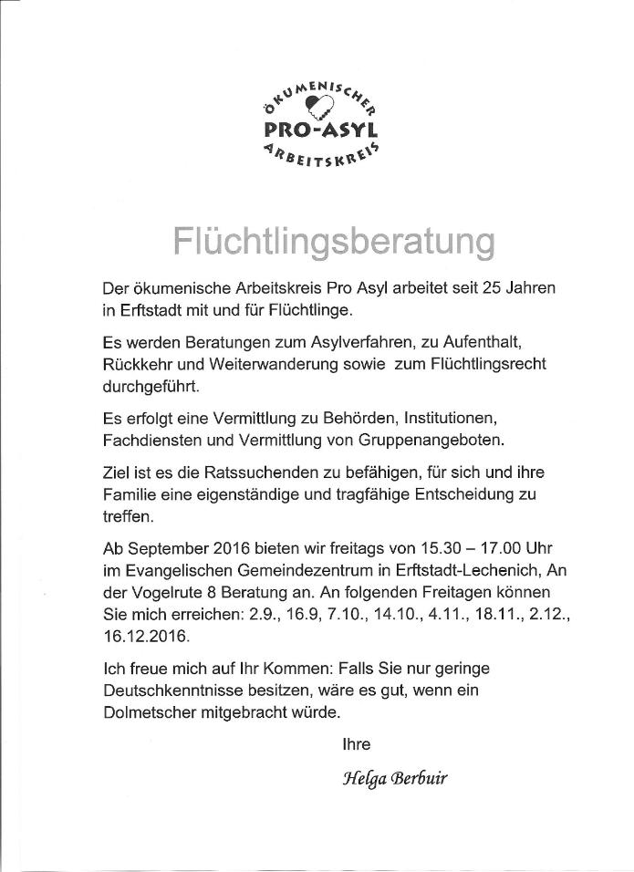 Ab Septeber 2016 bietet der Arbeitskreis auch eine Beratung für Geflüchtete an. Ab Septeber 2016 bietet der Arbeitskreis auch eine Beratung für Geflüchtete an.