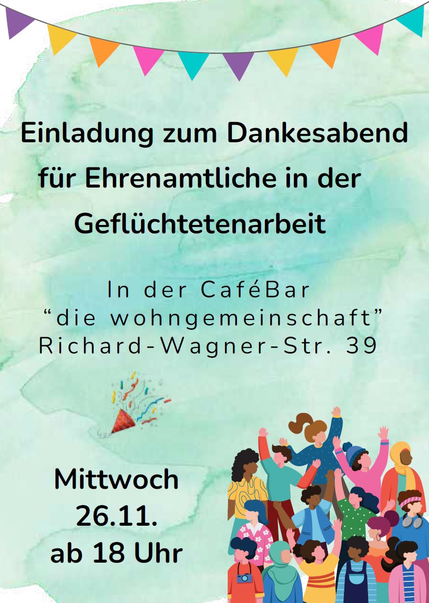 Einladung Dankesfeier für Ehrenamtliche in der Geflüchtetenarbeit Vorderseite