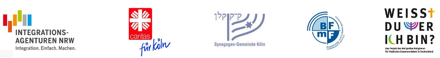 Logos: Integrationsagenturen NRW, Caritasverband für die Stadt Köln, Synagogen-Gemeinde Köln, Begegnungs- und Fortbildungszentrum muslimischer Frauen, Weisst du wer ich bin?